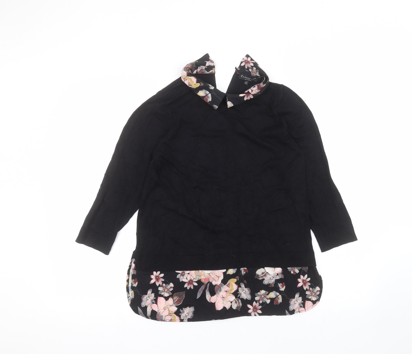 F&F Womens Black Floral Polyester Basic T-Shirt Size 8 Collared