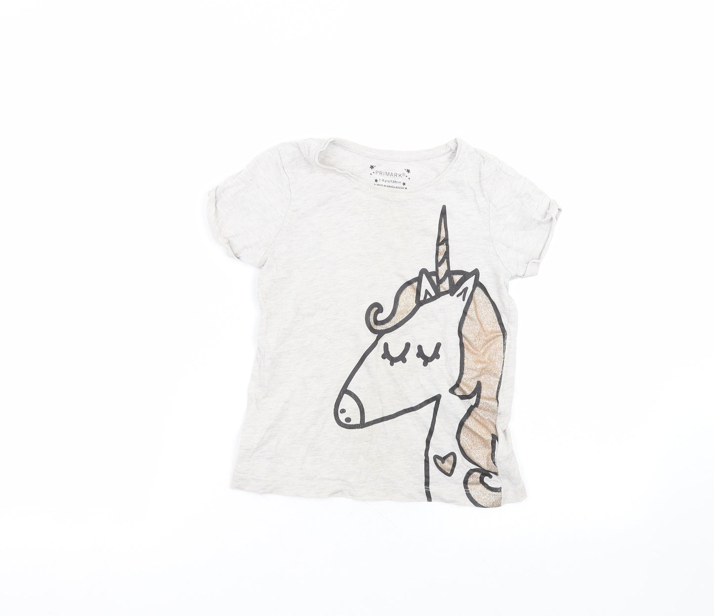 Primark Girls White  Cotton Basic T-Shirt Size 7-8 Years Round Neck  - Unicorn