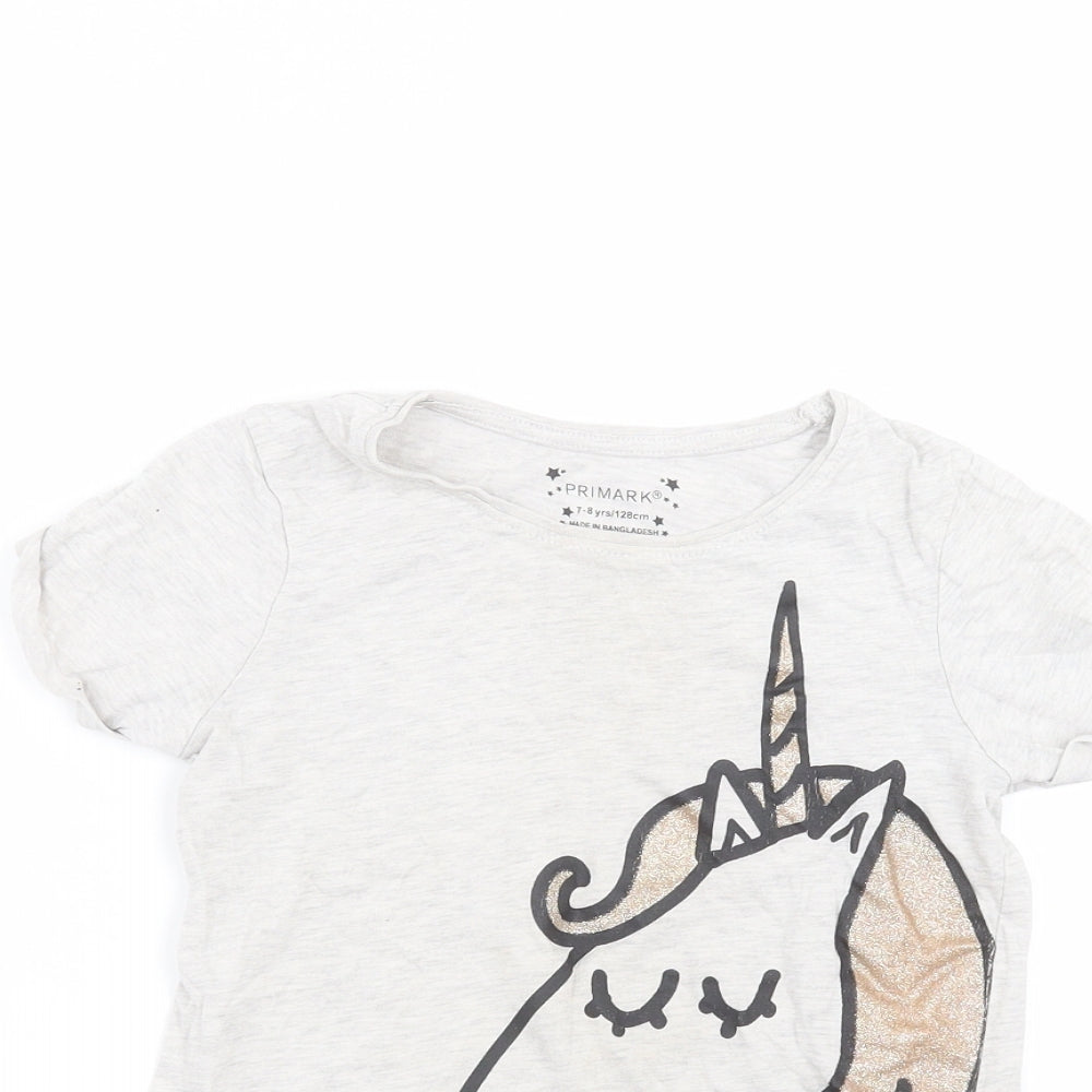 Primark Girls White  Cotton Basic T-Shirt Size 7-8 Years Round Neck  - Unicorn