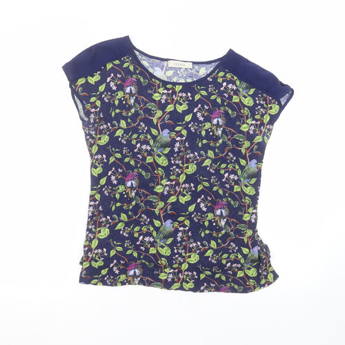 Oasis Womens Blue Floral Viscose Basic T-Shirt Size S Round Neck