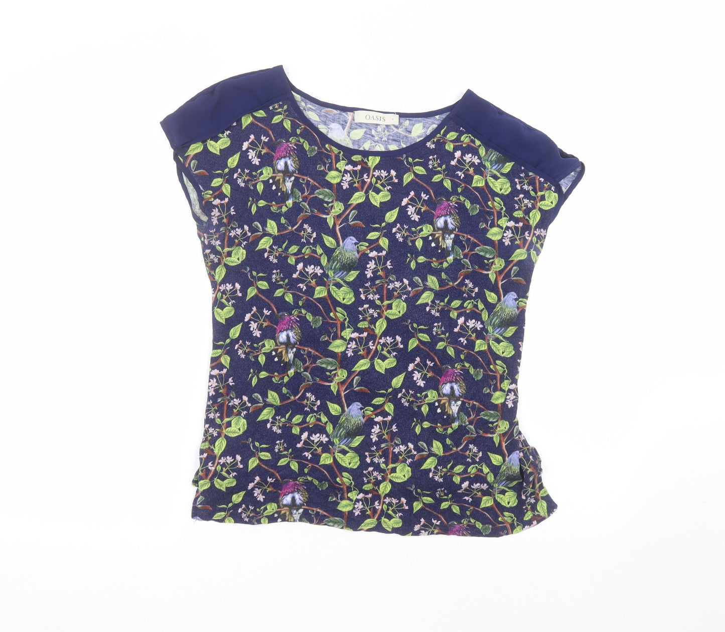 Oasis Womens Blue Floral Viscose Basic T-Shirt Size S Round Neck