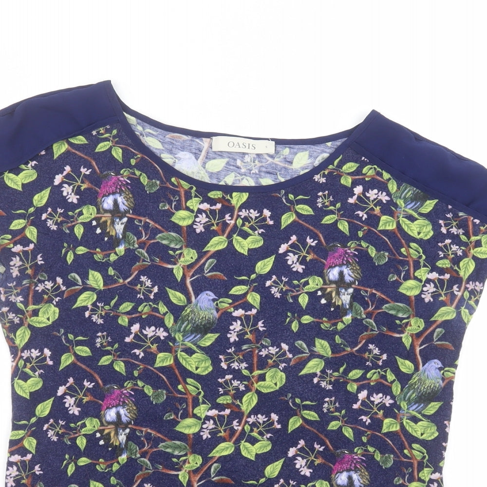 Oasis Womens Blue Floral Viscose Basic T-Shirt Size S Round Neck