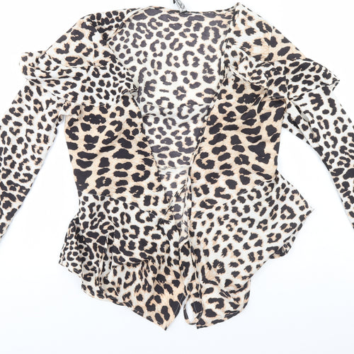 Preworn Womens Brown Animal Print Polyester Basic Blouse Size 8 Round Neck