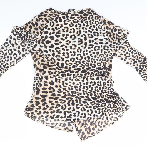 Preworn Womens Brown Animal Print Polyester Basic Blouse Size 8 Round Neck