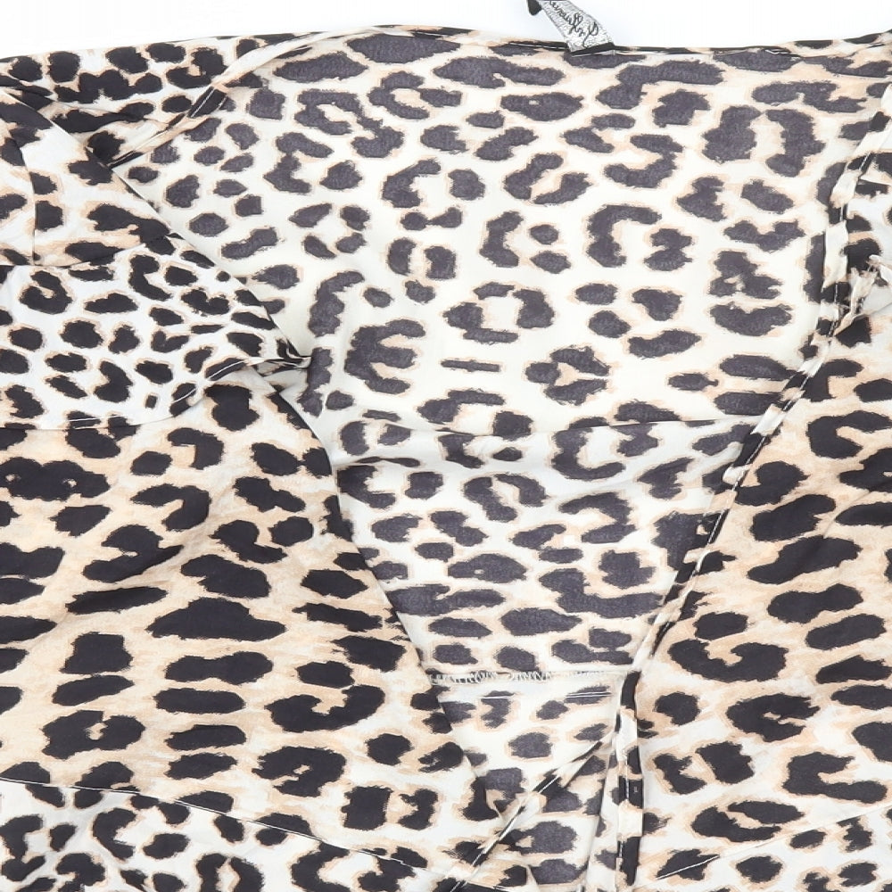 Preworn Womens Brown Animal Print Polyester Basic Blouse Size 8 Round Neck