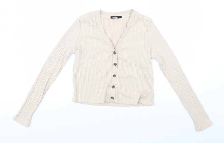 Boohoo Womens Beige V-Neck Striped Polyester Cardigan Jumper Size M