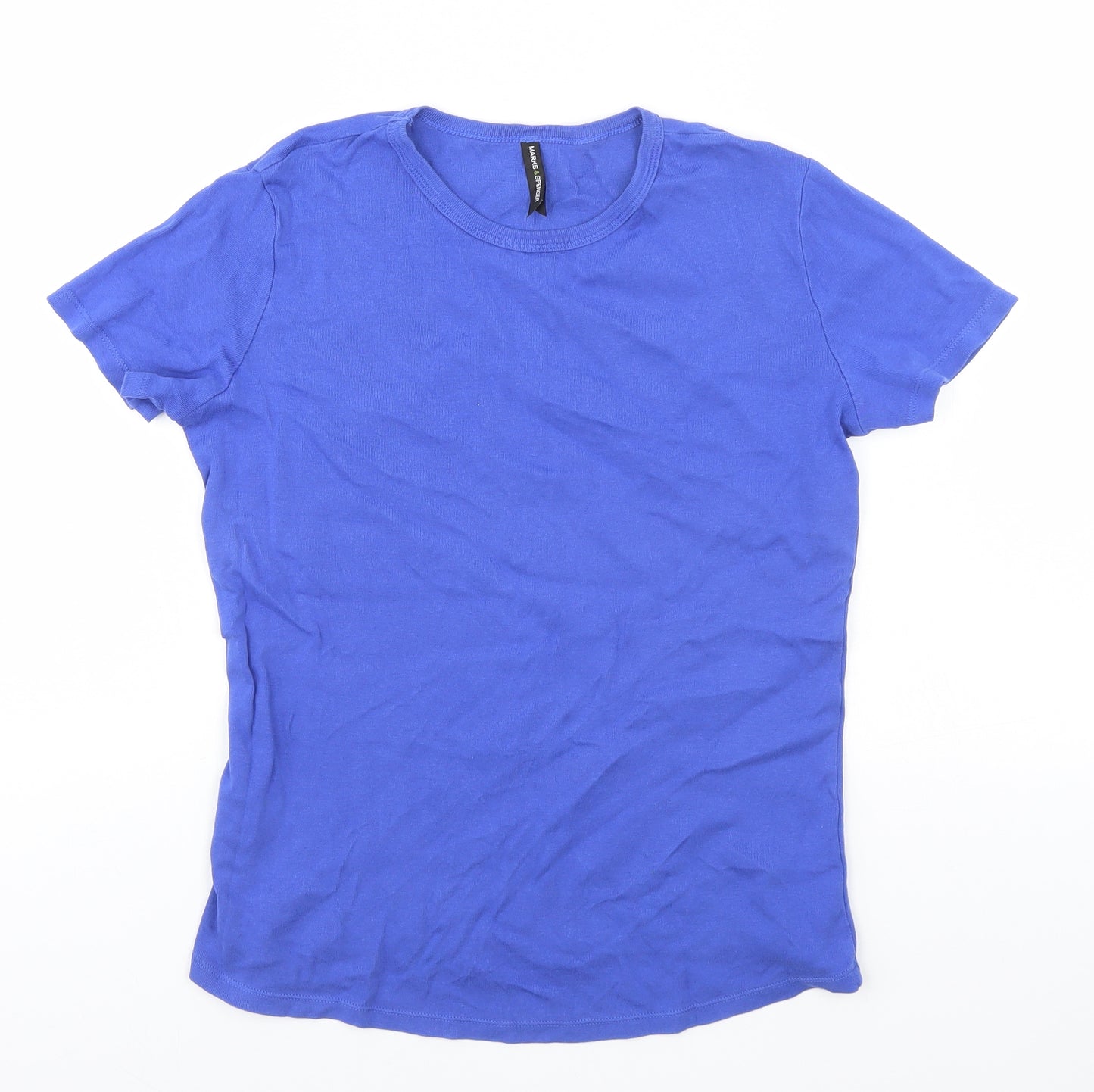 Marks and Spencer Womens Blue  Cotton Basic T-Shirt Size 14 Round Neck