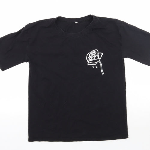 Preworn Womens Black  Cotton Basic T-Shirt Size S Round Neck - Rose Detail