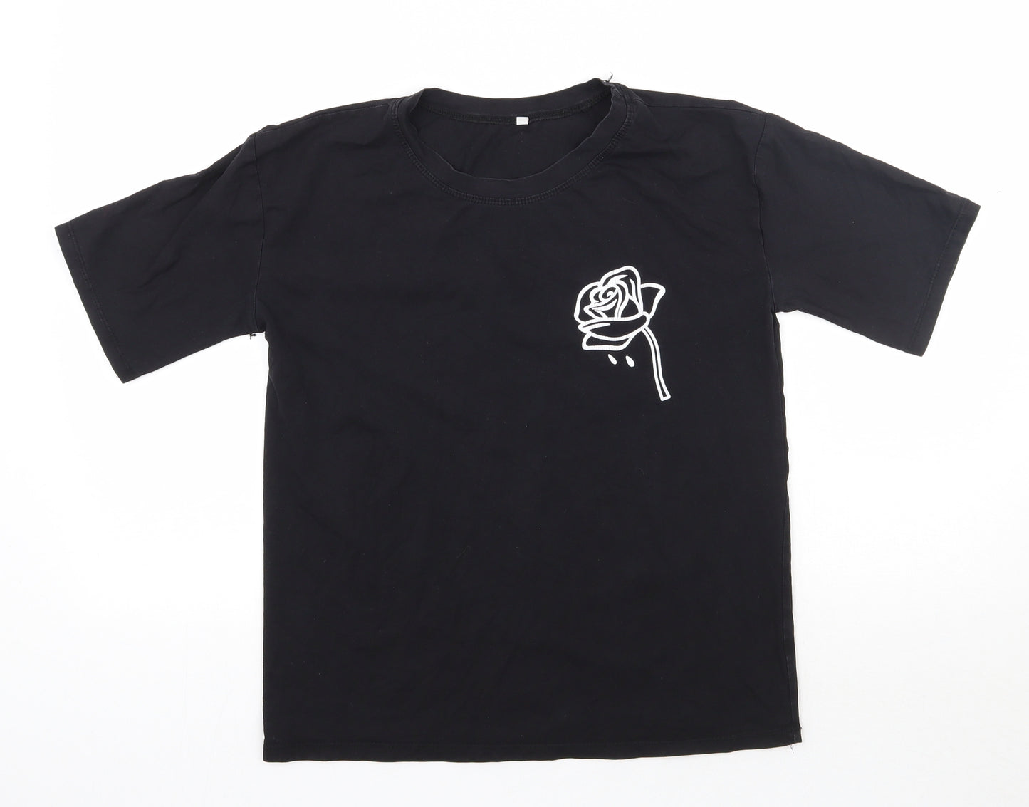 Preworn Womens Black  Cotton Basic T-Shirt Size S Round Neck - Rose Detail