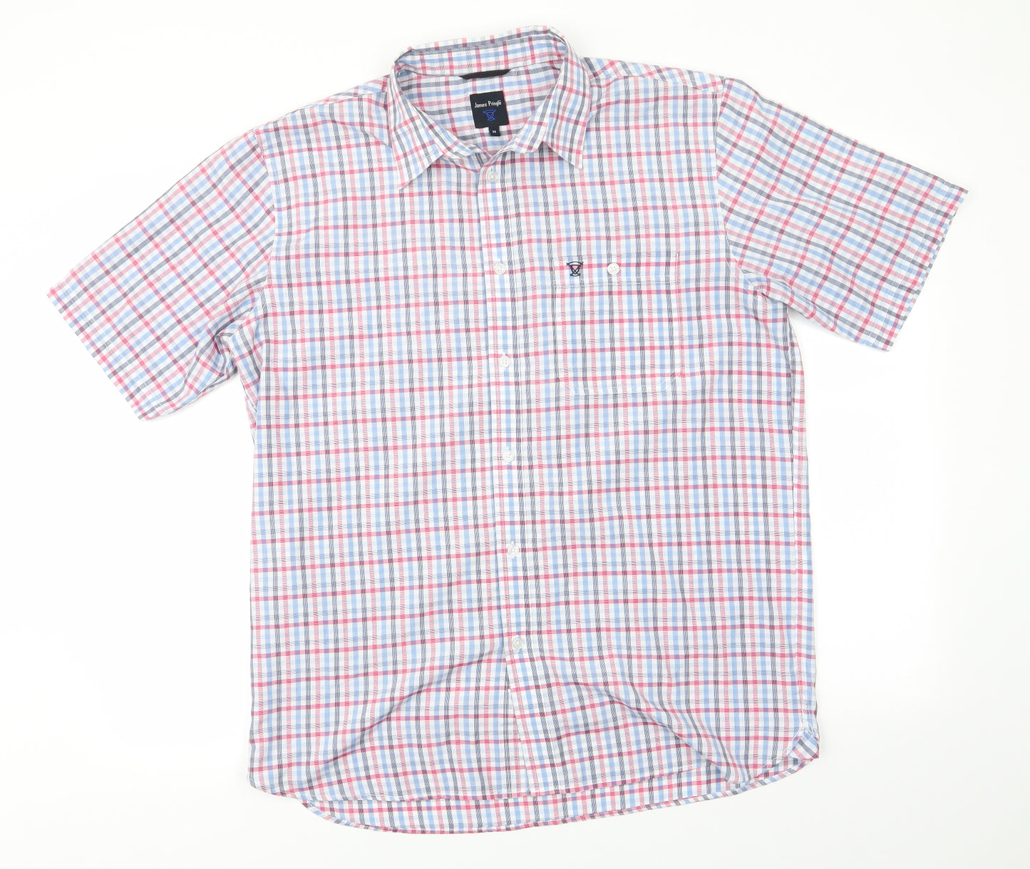 James Pringle Mens Red Check Polyester  Button-Up Size M Collared  - Red Blue White Check