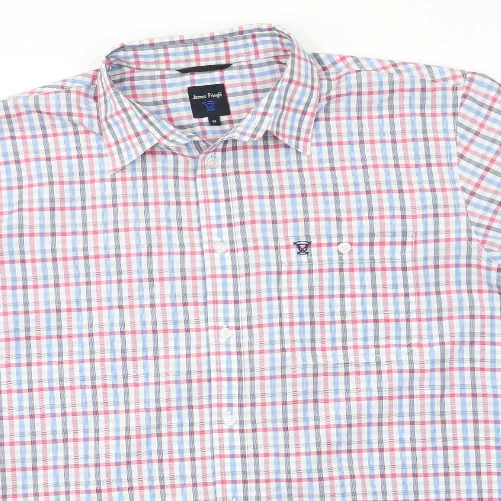 James Pringle Mens Red Check Polyester  Button-Up Size M Collared  - Red Blue White Check