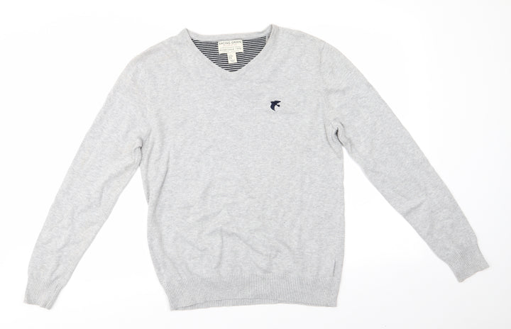 Racing Green Mens Grey V-Neck Cotton Pullover Jumper Size M - Pale Grey Bird Graphic