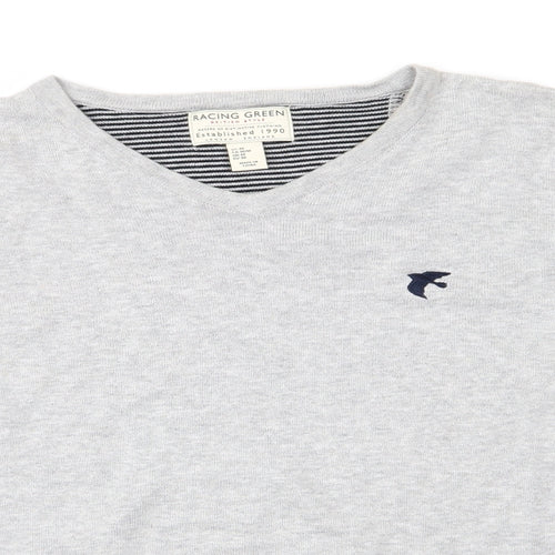 Racing Green Mens Grey V-Neck  Cotton Pullover Jumper Size M   - Pale Grey Bird Graphic