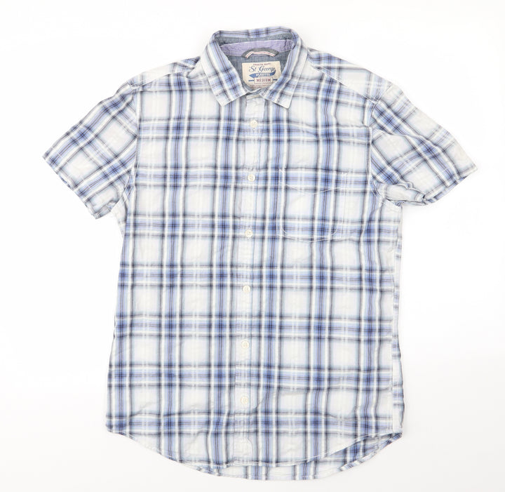 St George by Duffer Mens Blue Check Cotton  Button-Up Size M Collared  - Blue White Grey Check