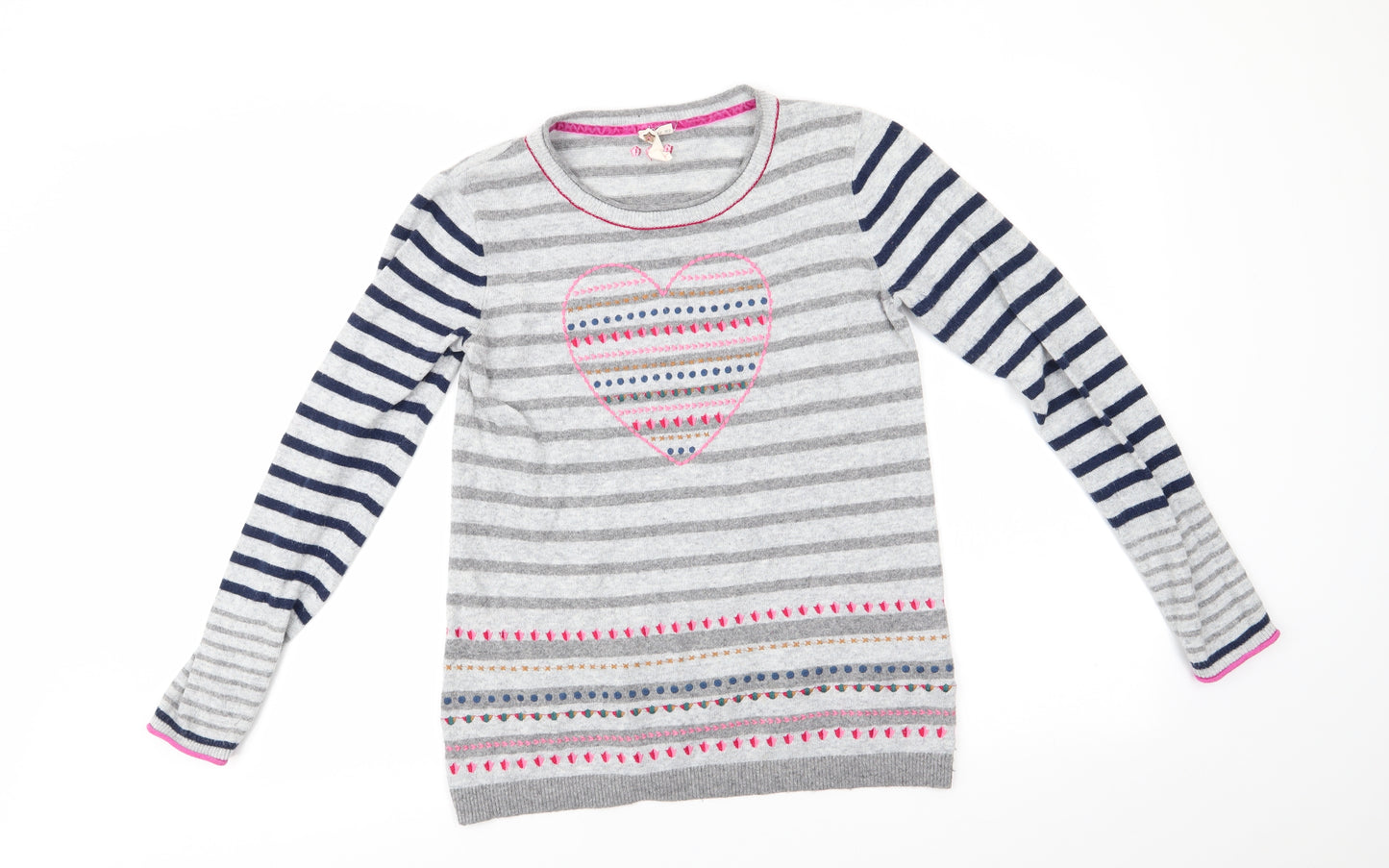 White Stuff Womens Grey Round Neck Striped Cotton Pullover Jumper Size 6   - Heart Blue stripes on arm