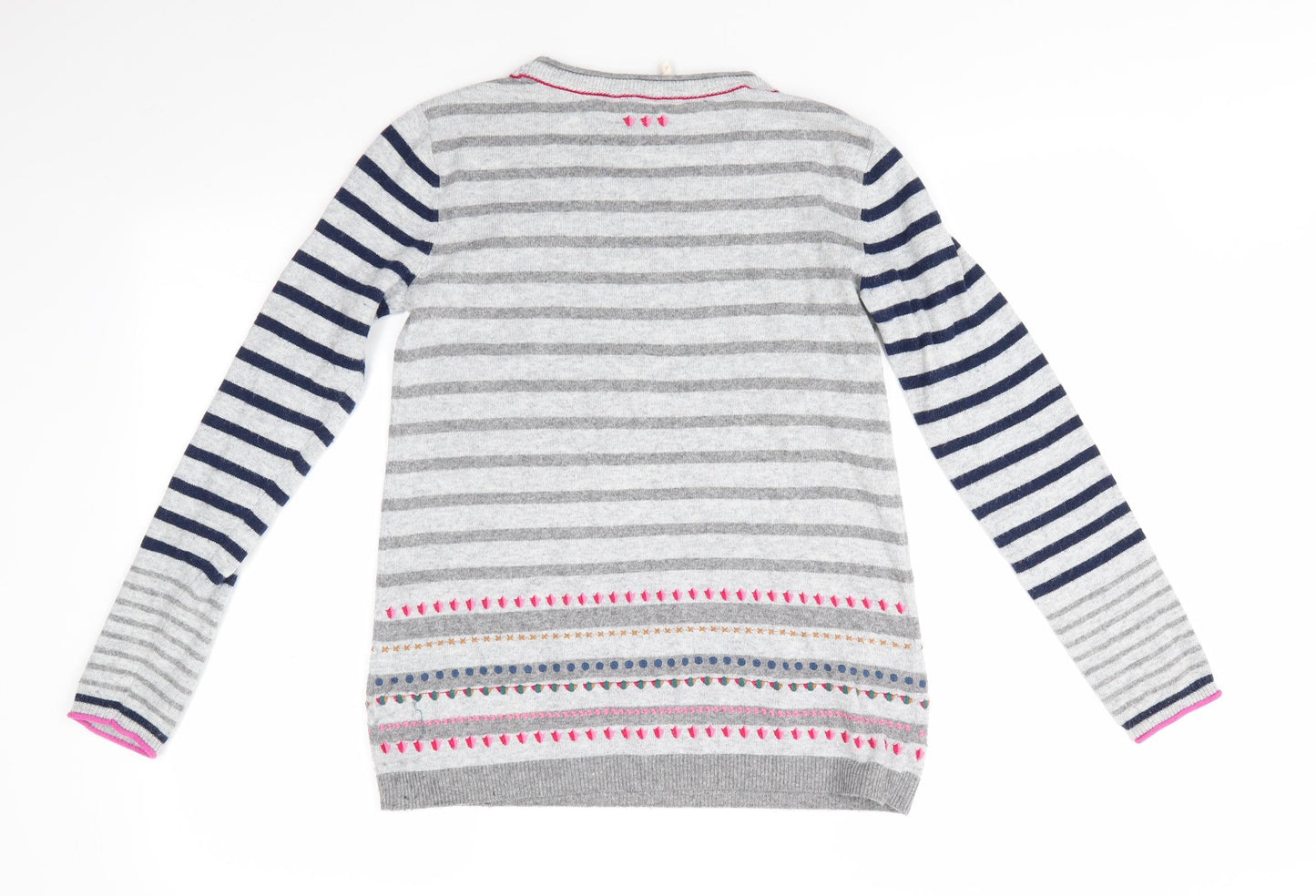 White Stuff Womens Grey Round Neck Striped Cotton Pullover Jumper Size 6   - Heart Blue stripes on arm