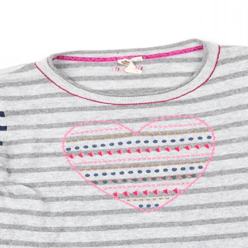 White Stuff Womens Grey Round Neck Striped Cotton Pullover Jumper Size 6   - Heart Blue stripes on arm