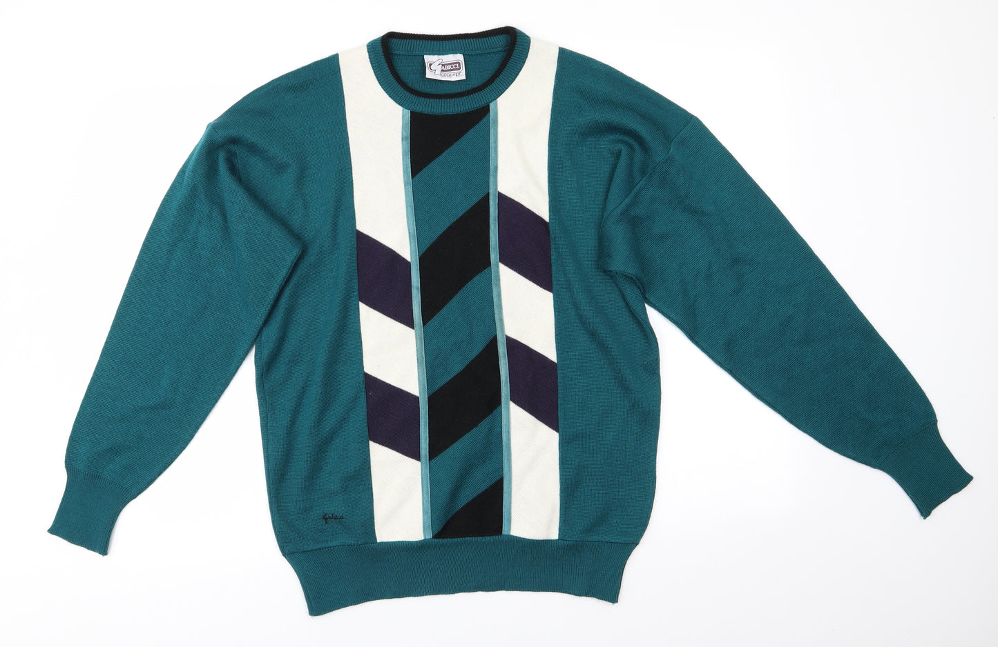 Gabicci Mens Green Round Neck Geometric  Pullover Jumper    - Teal Black Ivory Suede Trim to front panel