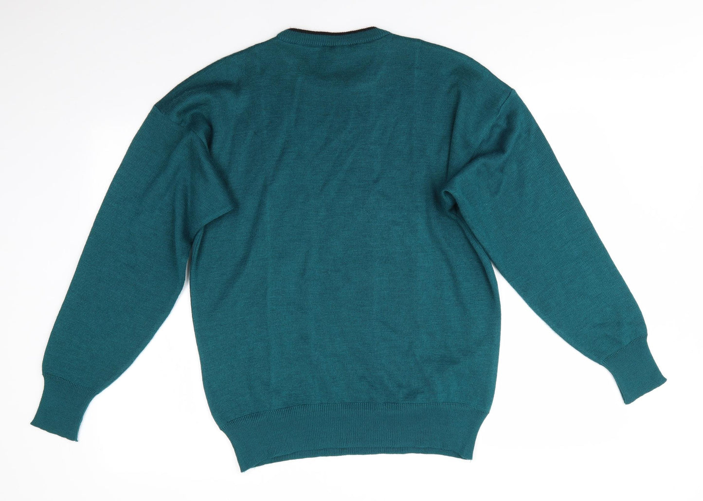 Gabicci Mens Green Round Neck Geometric  Pullover Jumper    - Teal Black Ivory Suede Trim to front panel