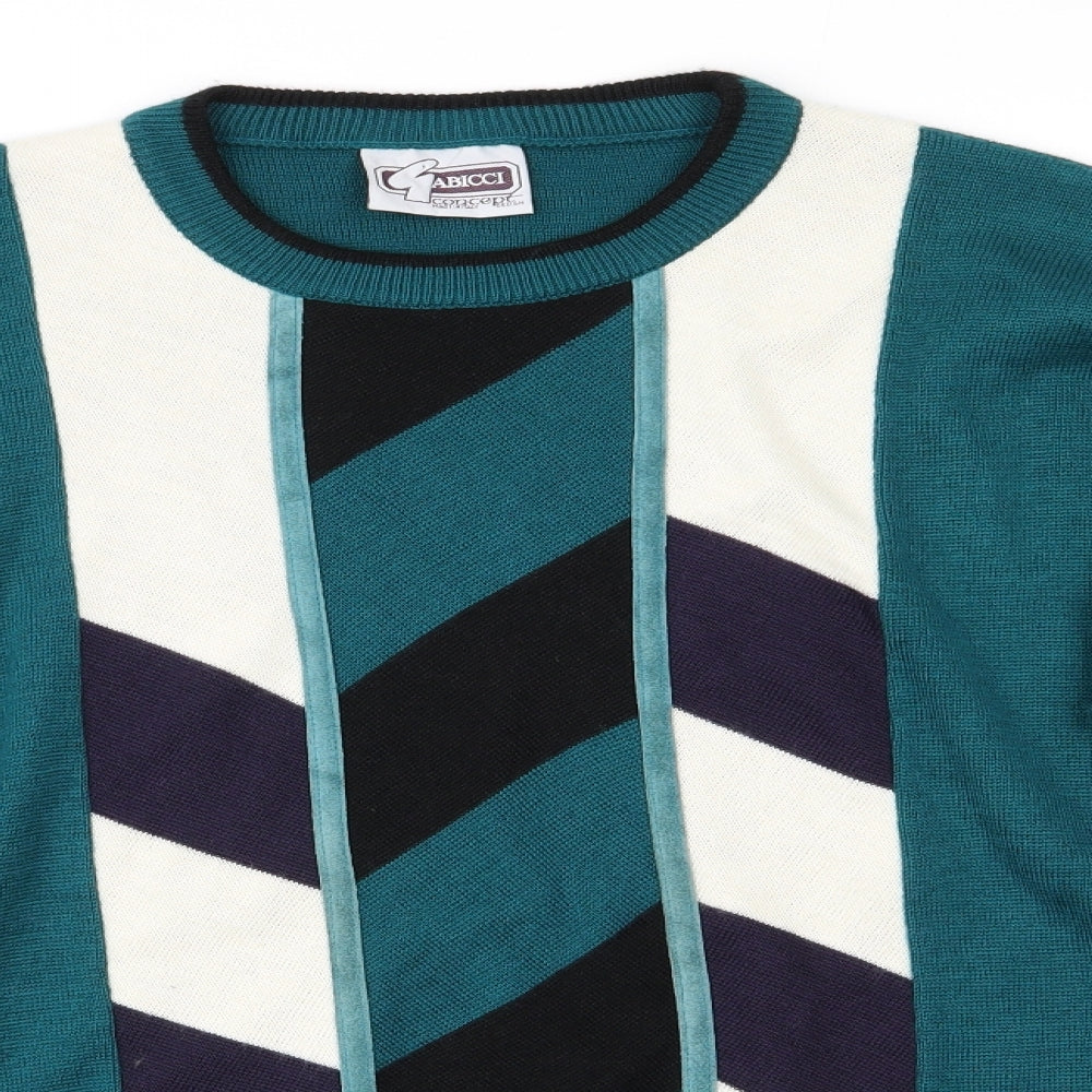 Gabicci Mens Green Round Neck Geometric  Pullover Jumper    - Teal Black Ivory Suede Trim to front panel