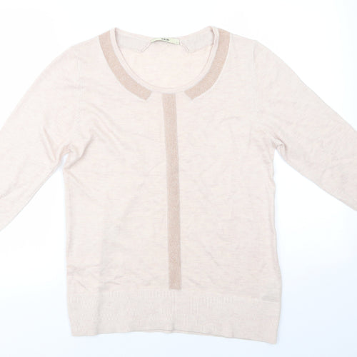Oasis Womens Beige Round Neck  Polyester Pullover Jumper Size L   - Glitter Trim to collar and centre Pinkish Beige