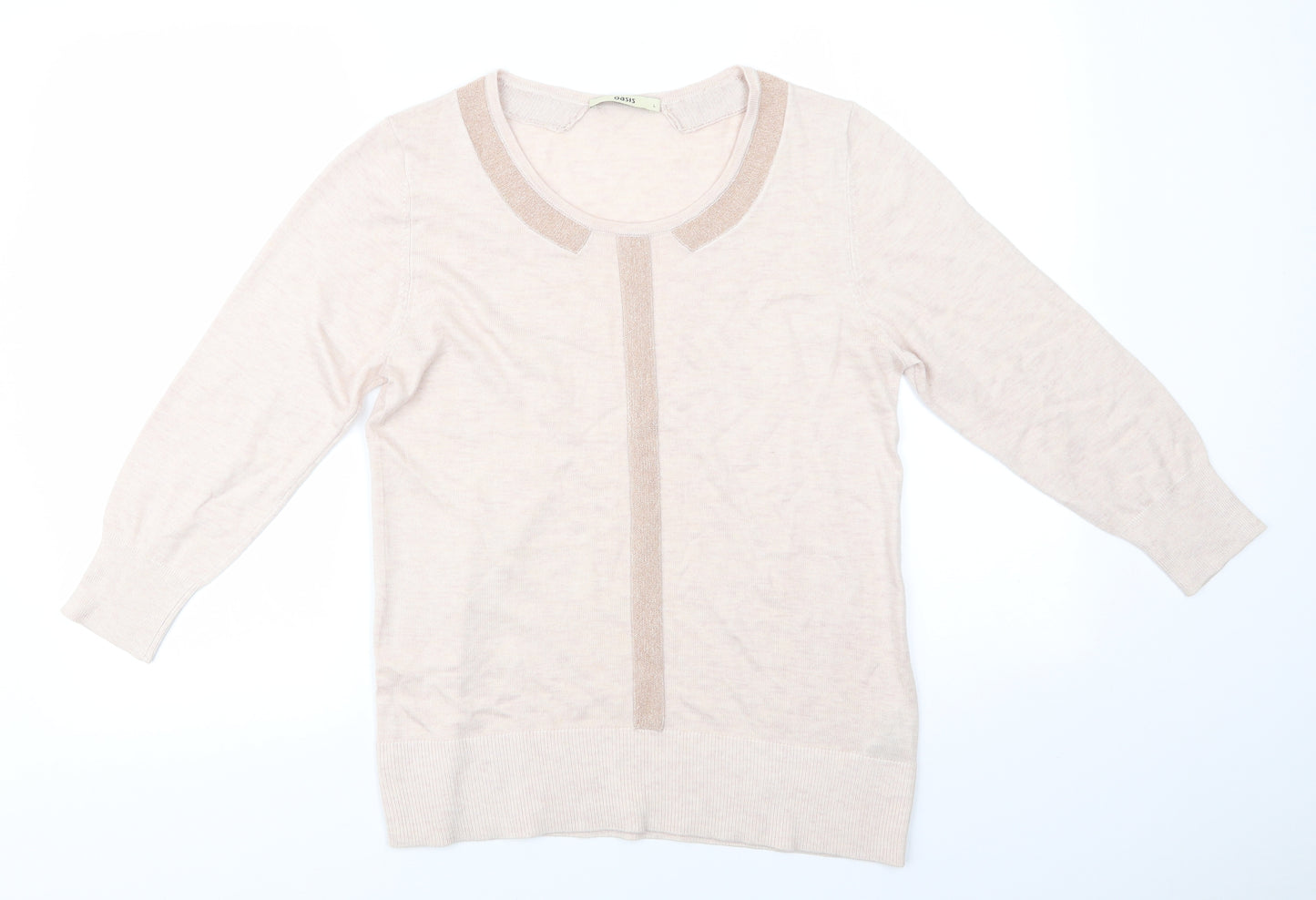 Oasis Womens Beige Round Neck  Polyester Pullover Jumper Size L   - Glitter Trim to collar and centre Pinkish Beige