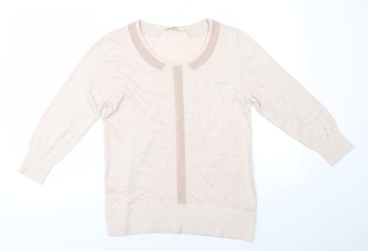 Oasis Womens Beige Round Neck Polyester Pullover Jumper Size L - Glitter Trim to collar and centre Pinkish Beige