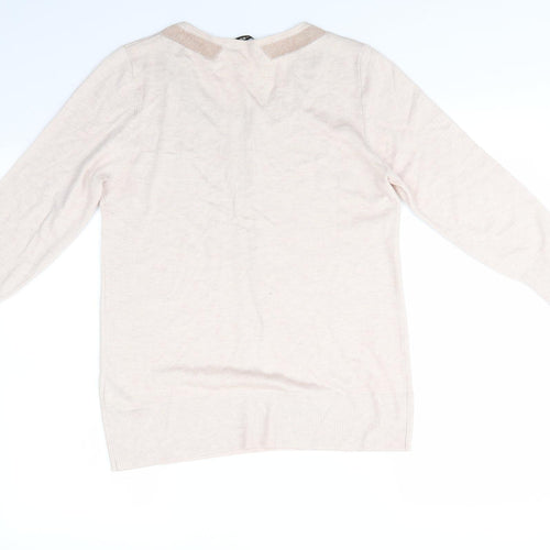 Oasis Womens Beige Round Neck  Polyester Pullover Jumper Size L   - Glitter Trim to collar and centre Pinkish Beige