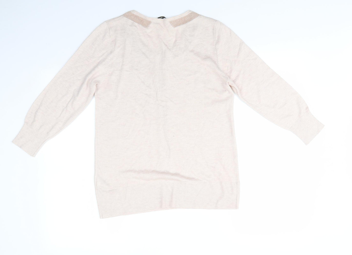 Oasis Womens Beige Round Neck  Polyester Pullover Jumper Size L   - Glitter Trim to collar and centre Pinkish Beige