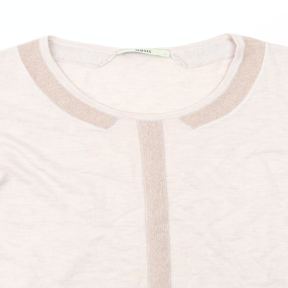 Oasis Womens Beige Round Neck  Polyester Pullover Jumper Size L   - Glitter Trim to collar and centre Pinkish Beige