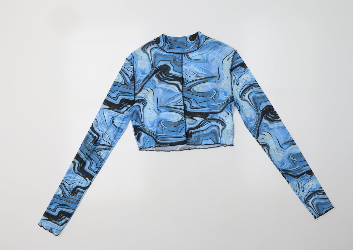SheIn Womens Blue Geometric Polyester Cropped Blouse Size S Mock Neck
