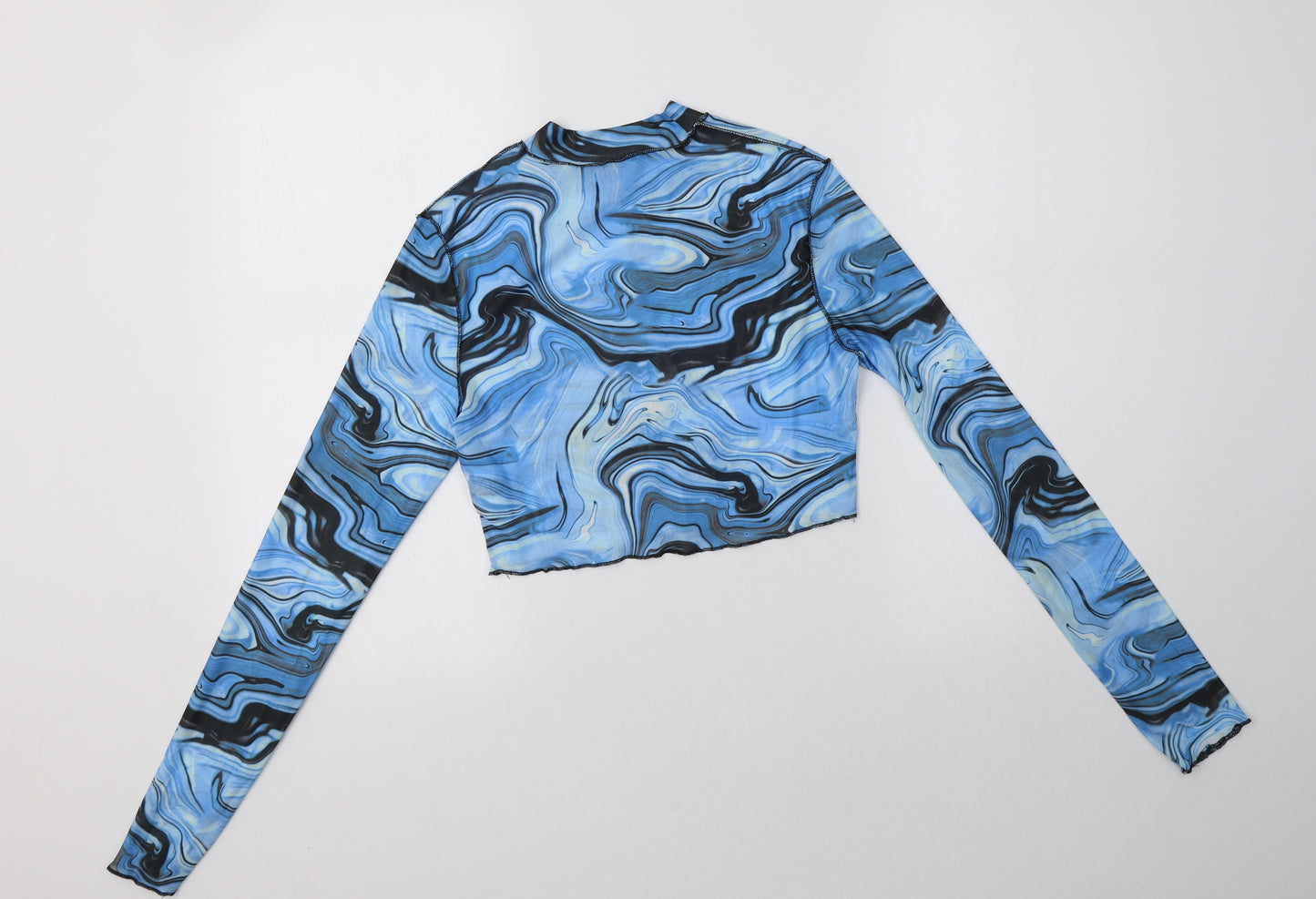 SheIn Womens Blue Geometric Polyester Cropped Blouse Size S Mock Neck