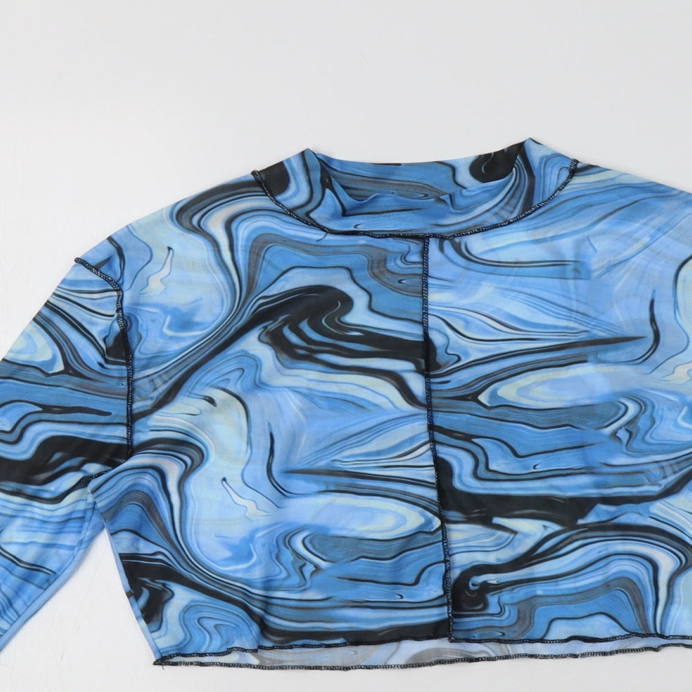 SheIn Womens Blue Geometric Polyester Cropped Blouse Size S Mock Neck