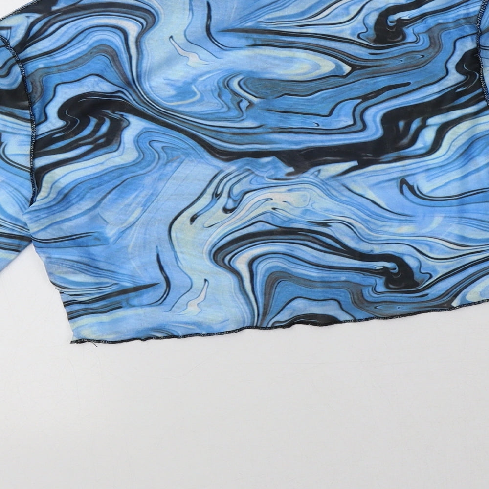 SheIn Womens Blue Geometric Polyester Cropped Blouse Size S Mock Neck