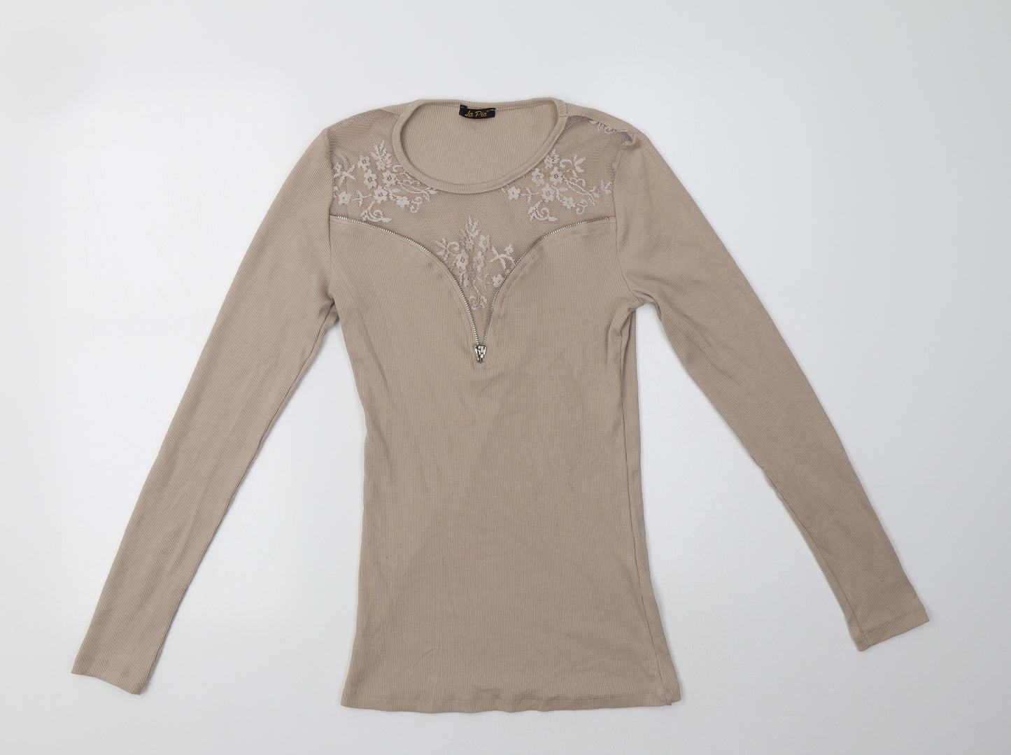 La Pia Womens Beige  Cotton Basic Blouse Size S Crew Neck - Lace Detail