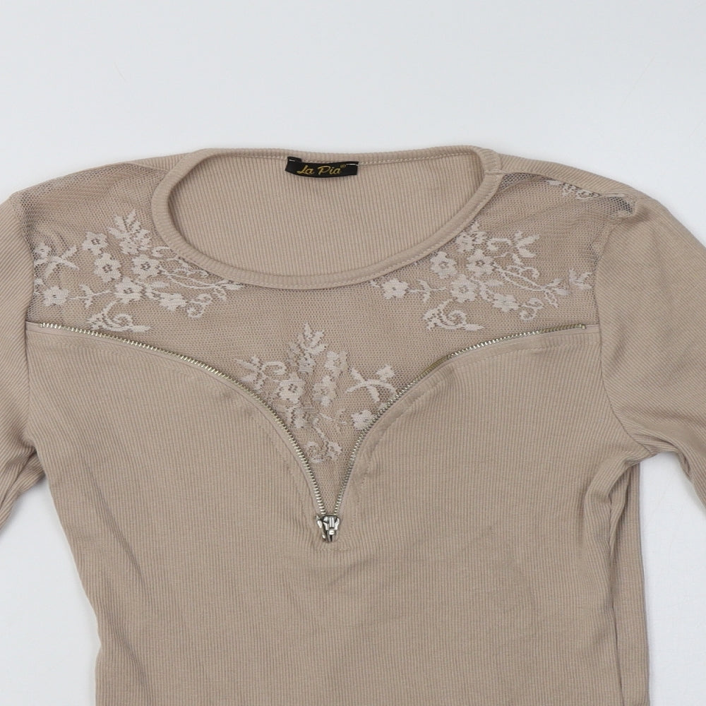 La Pia Womens Beige  Cotton Basic Blouse Size S Crew Neck - Lace Detail