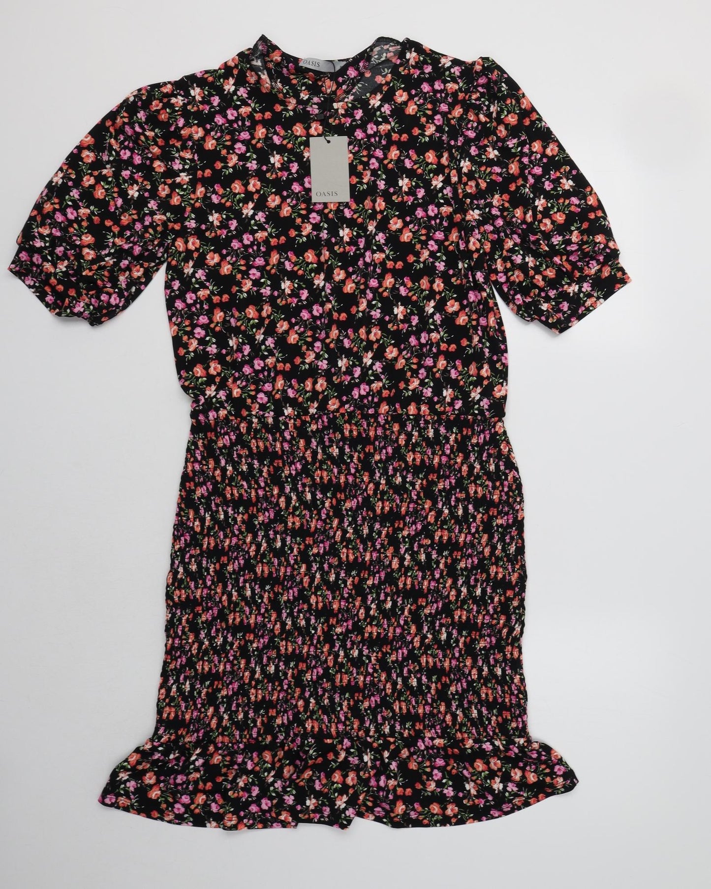 Oasis Womens Black Floral Polyester Fit & Flare  Size M  Crew Neck