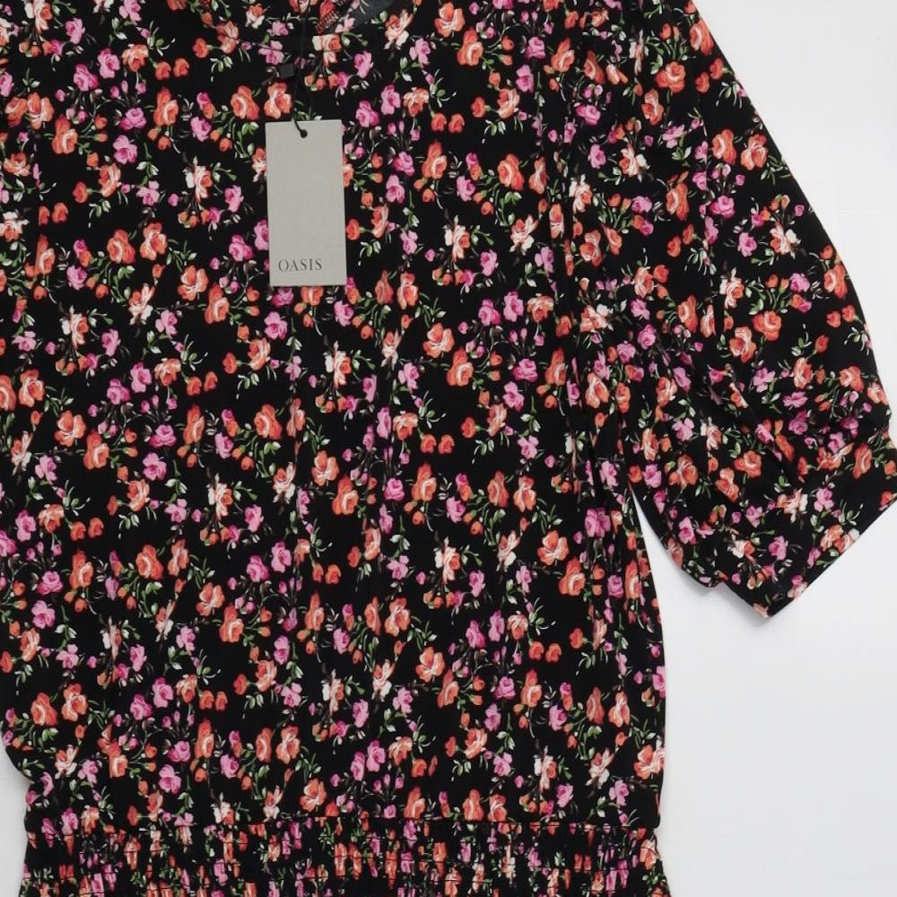 Oasis Womens Black Floral Polyester Fit & Flare  Size M  Crew Neck