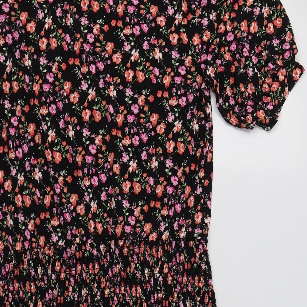 Oasis Womens Black Floral Polyester Fit & Flare  Size M  Crew Neck