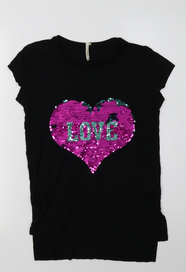 Primark Girls Black  Viscose Tunic T-Shirt Size 11-12 Years Crew Neck  - Heart
