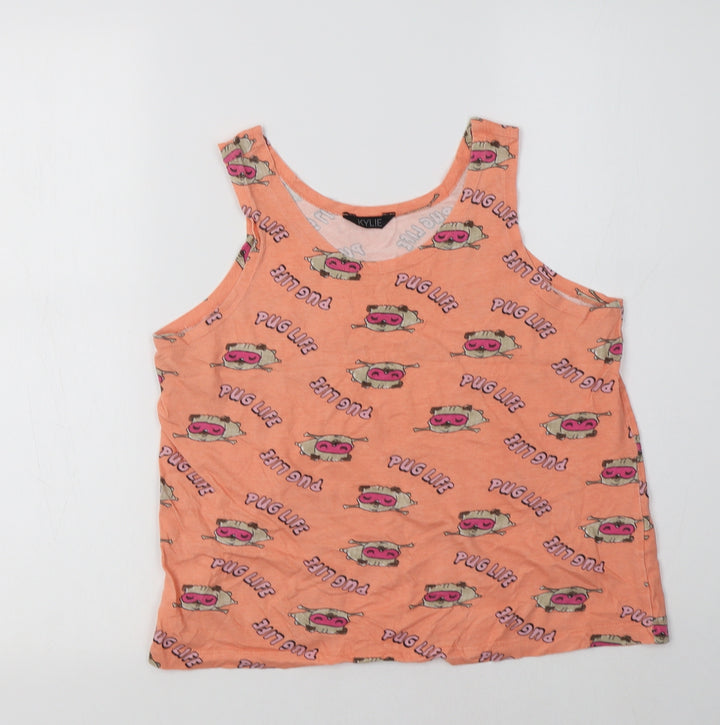 M&Co Girls Orange  Cotton Basic Tank Size 11-12 Years Crew Neck  - Pug Print