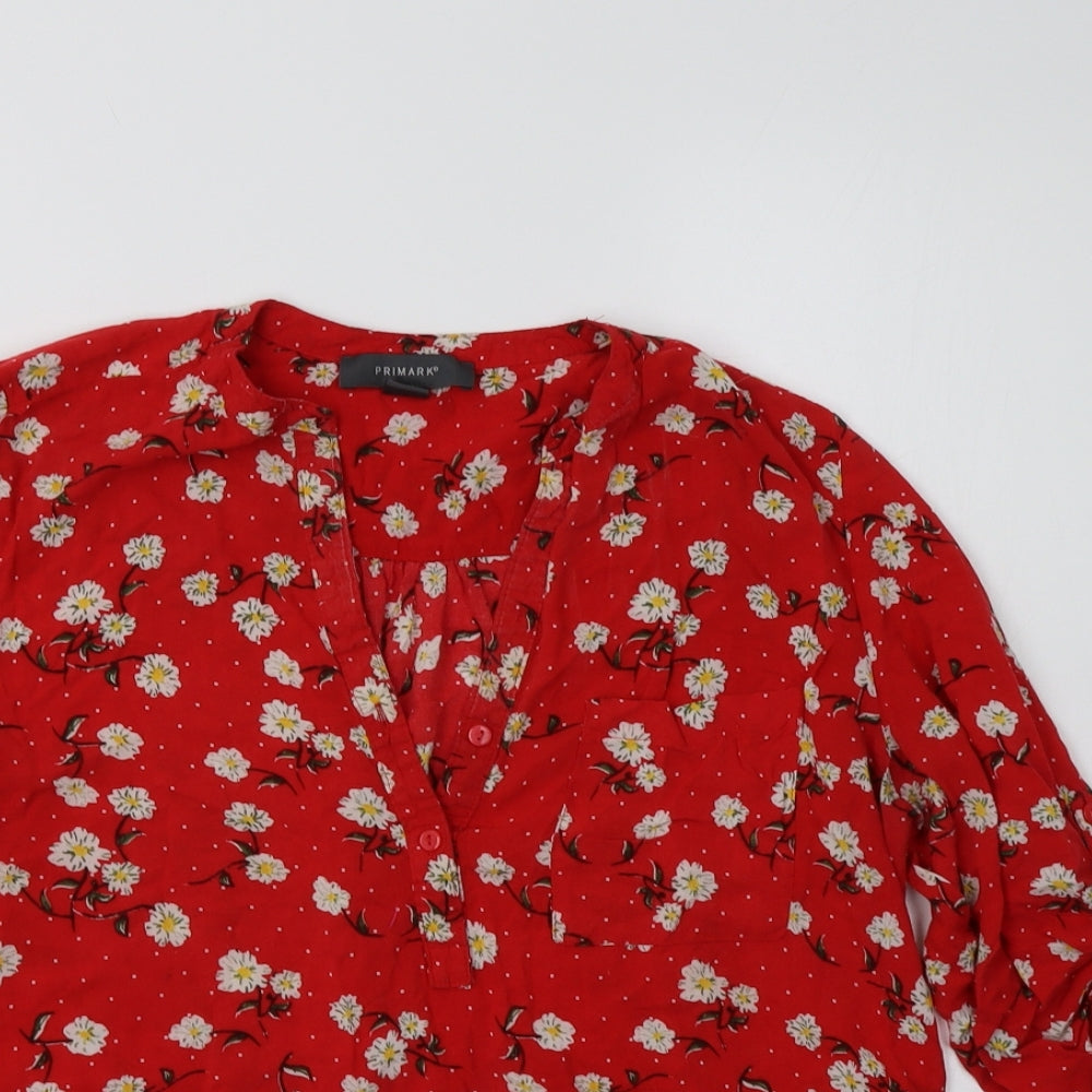 Primark Womens Red Floral Viscose Basic Blouse Size 10 V-Neck