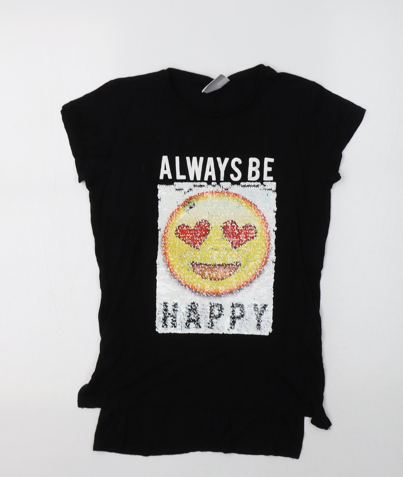 Primark Girls Black  Viscose Basic T-Shirt Size 11-12 Years Crew Neck  - Happy
