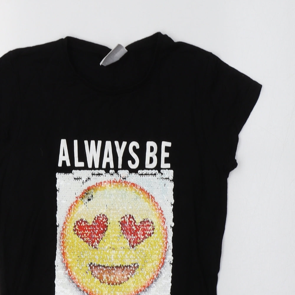 Primark Girls Black  Viscose Basic T-Shirt Size 11-12 Years Crew Neck  - Happy