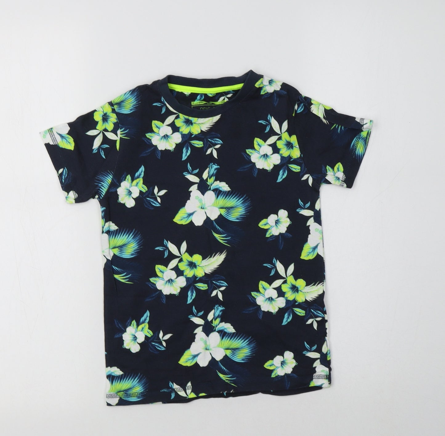 NEXT Boys Blue Floral Cotton Basic T-Shirt Size 5-6 Years Crew Neck