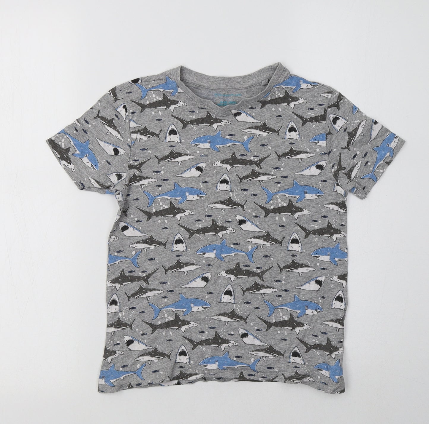 Primark Boys Grey Geometric Cotton Basic T-Shirt Size 7-8 Years Crew Neck  - Shark Print