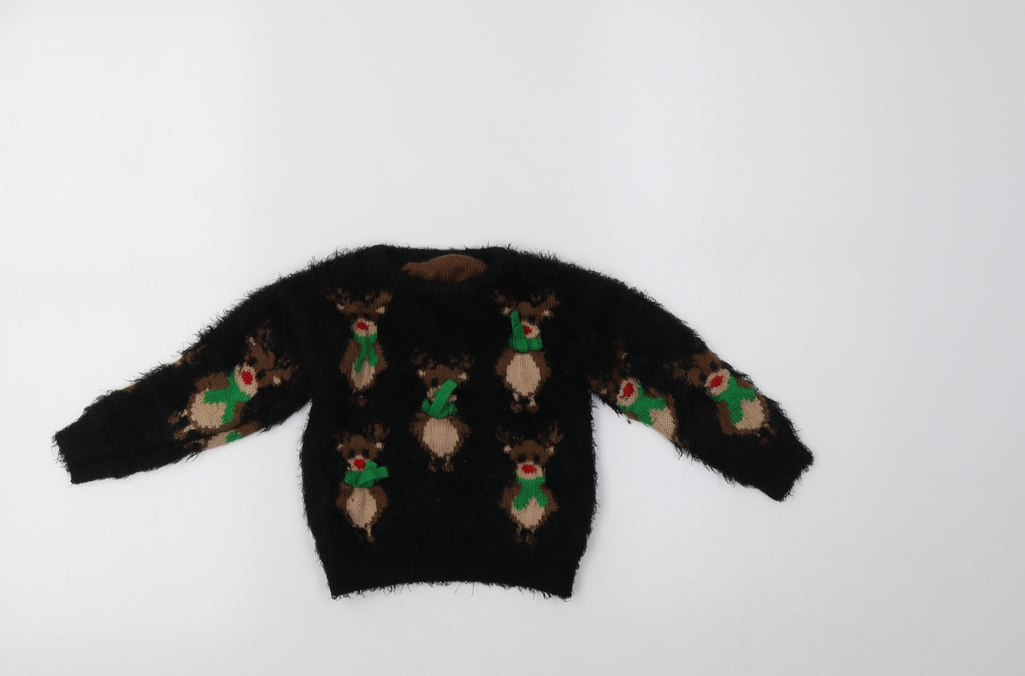Nutmeg Girls Black Crew Neck Geometric Polyester Pullover Jumper Size 2-3 Years   - Rudolph Christmas