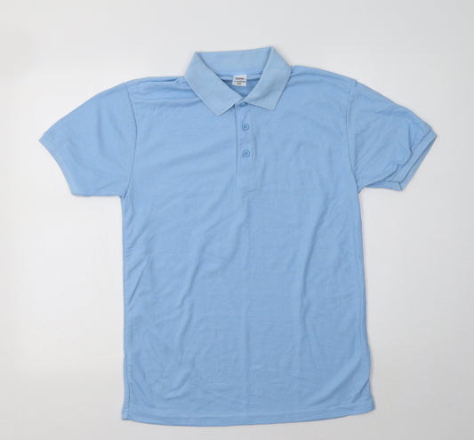 Front view of Fruit of the Loom men’s blue polyester polo, size S, collared