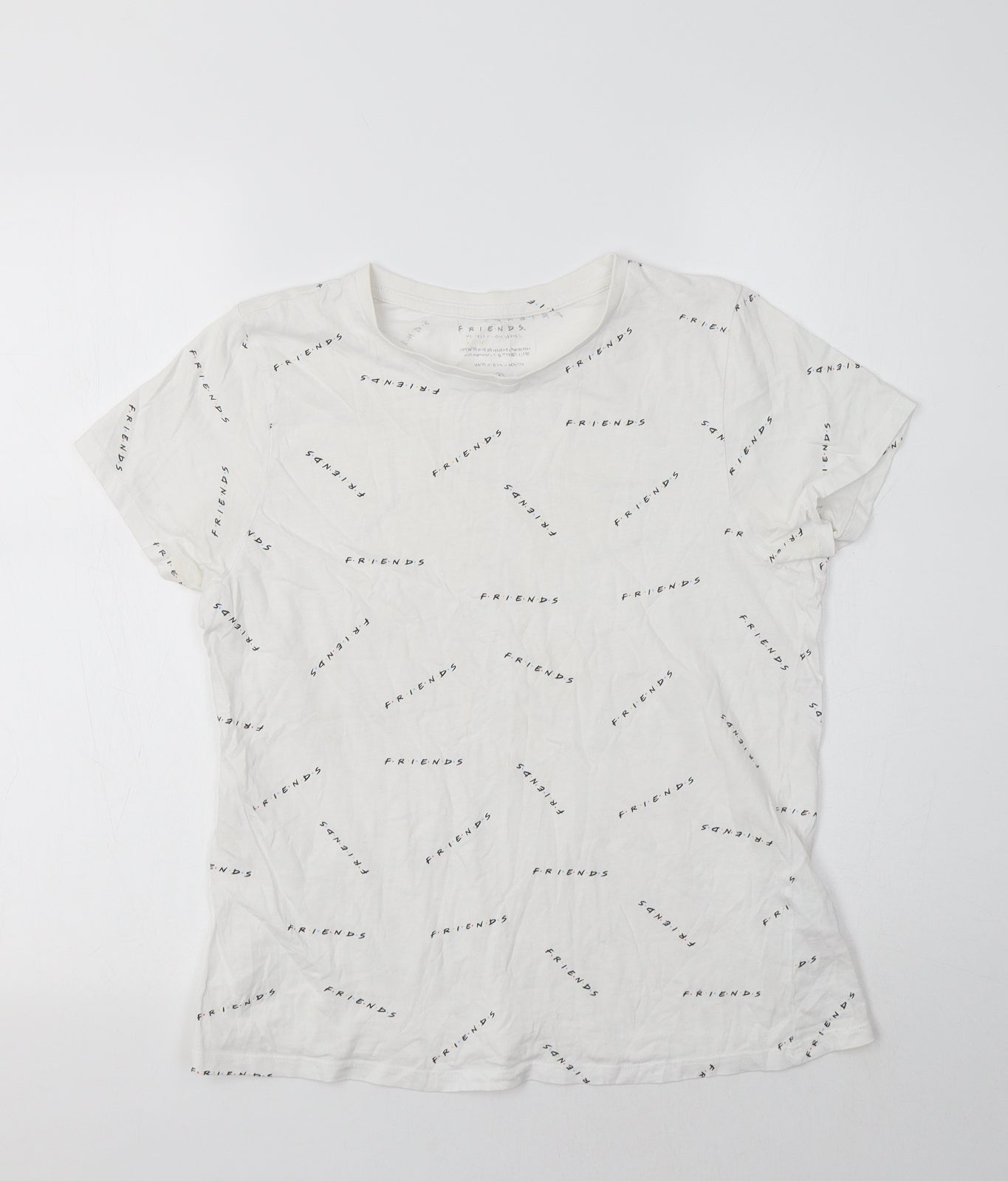 Primark Womens White Geometric Cotton Basic T-Shirt Size S Crew Neck - Friends