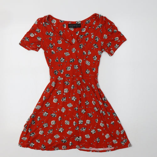 Topshop Womens Red Floral Viscose Fit & Flare  Size 4  V-Neck
